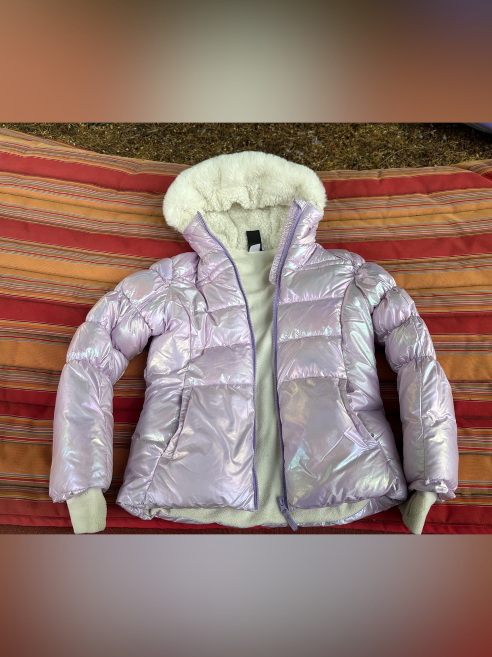 ZeroXposur Girls Iridescent Lilac Puffer Jacket with Faux Fur Hood